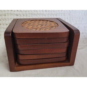Coasters w/Caddy Vintage Set of 6 Wood Wicker Bamboo Teak 1970s barware GUC
